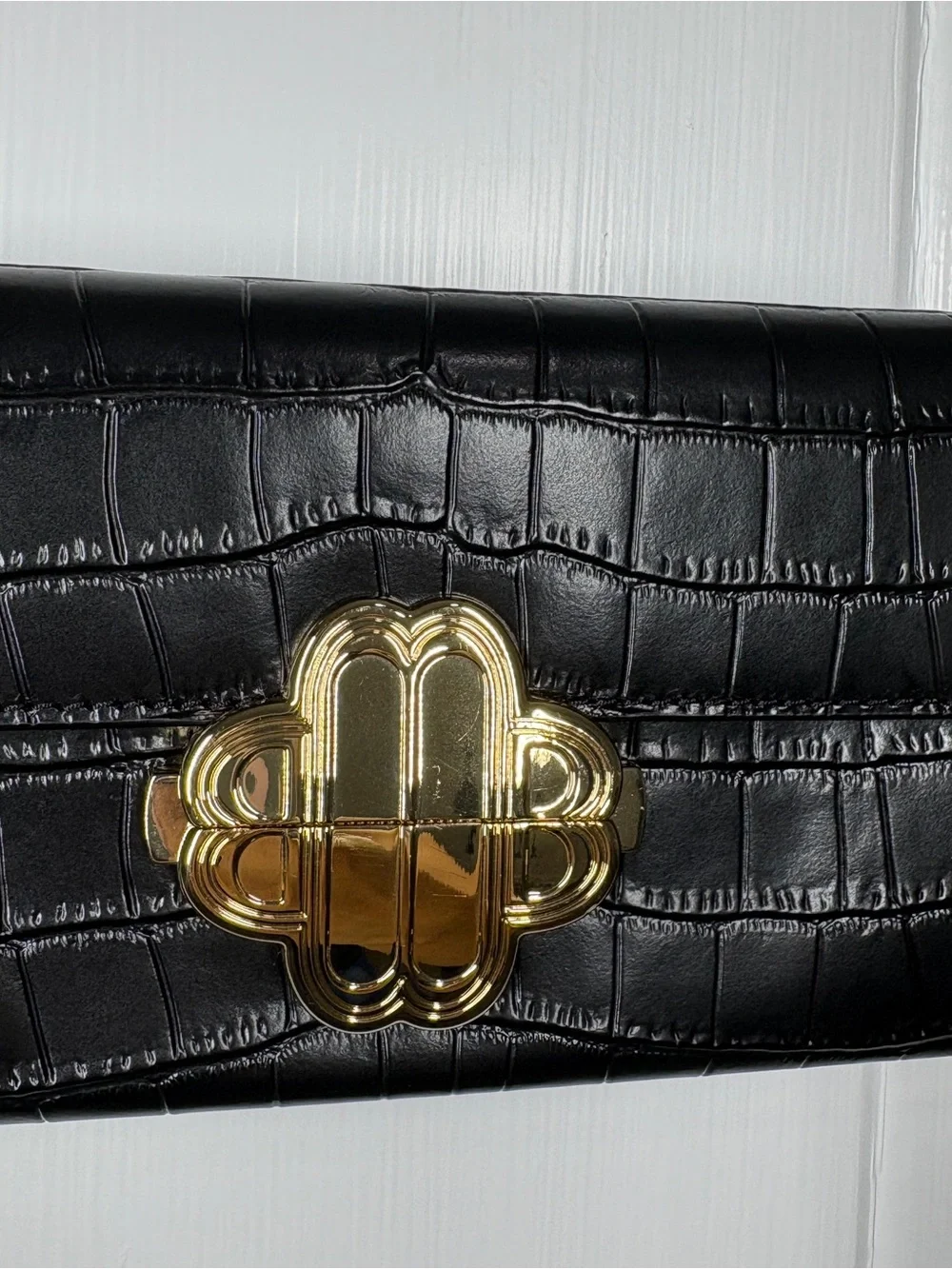 Maje Crocodile-Embossed Leather Bag Clutch Black Gold Clover Clasp Baguette